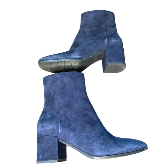 Aquatalia Suede Ankle Boots Block Heel Square Toe Blue Boots Minimalist Style - Picture 10 of 14